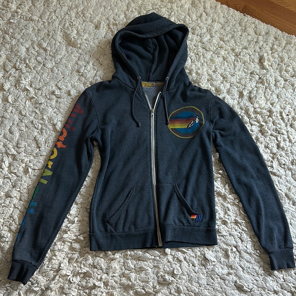 Aviator Nation Charcoal Hoodie with Rainbow Sleeve